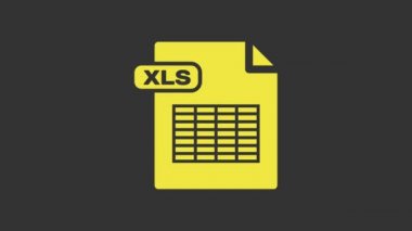 Sarı XLS dosya belgesi. Gri arkaplanda xls düğmesi simgesi indir. Dosya simgesini çıkart. 4K Video hareketli grafik canlandırması