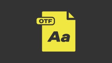 Sarı OTF dosya dökümanı. Gri arkaplanda otf düğmesi simgesi indir. OTF dosya sembolü. 4K Video hareketli grafik canlandırması