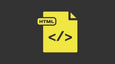 Sarı HTML dosya belgesi. Gri arkaplanda html düğmesi simgesi indir. HTML dosya simgesi. İşaretleme dili sembolü. 4K Video hareketli grafik canlandırması