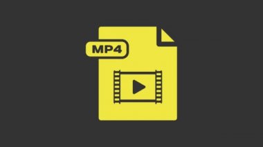 Sarı MP4 dosya dökümanı. Gri arkaplanda izole edilmiş mp4 düğmesi simgesi indir. MP4 dosya sembolü. 4K Video hareketli grafik canlandırması