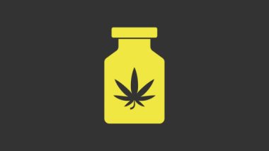 Sarı tıbbi şişede marihuana veya kenevir yaprağı ikonu gri arka planda izole edilmiş. Kavanozlardaki kenevir yağı özlerini taklit et. 4K Video hareketli grafik canlandırması