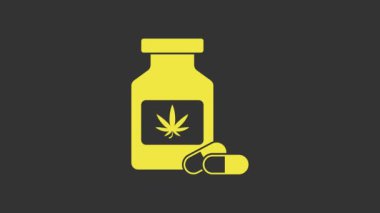 Sarı tıbbi şişede marihuana veya kenevir yaprağı ikonu gri arka planda izole edilmiş. Kavanozlardaki kenevir yağı özlerini taklit et. 4K Video hareketli grafik canlandırması