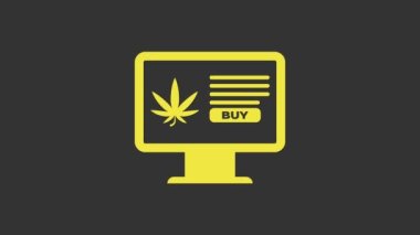 Sarı bilgisayar monitörü ve tıbbi marihuana veya kenevir yaprağı ikonu gri arka planda izole edilmiş. İnternetten satın alma sembolü. Süpermarket sepeti. 4K Video hareketli grafik canlandırması