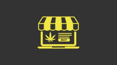 Sarı dizüstü bilgisayar ve tıbbi marihuana veya kenevir yaprağı ikonu gri arka planda izole edilmiş. İnternetten satın alma sembolü. Süpermarket sepeti. 4K Video hareketli grafik canlandırması