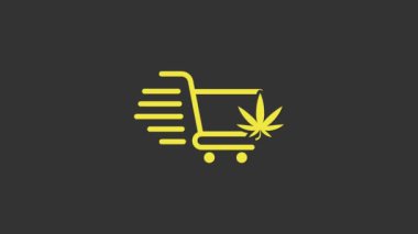 Gri arka planda marihuana ya da kenevir yaprağı ikonu olan sarı alışveriş arabası. İnternetten satın alma. Teslimat servisi. Süpermarket sepeti. 4K Video hareketli grafik canlandırması