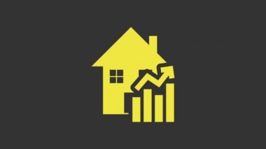 Konut simgesinin sarı yükselen maliyeti gri arka planda izole edildi. Gayrimenkul fiyatları yükseliyor. Konut grafiği artıyor. 4K Video hareketli grafik canlandırması