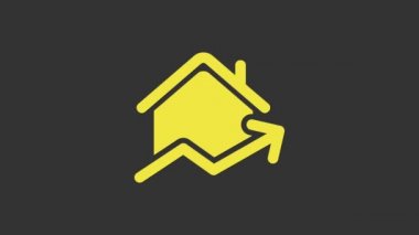 Konut simgesinin sarı yükselen maliyeti gri arka planda izole edildi. Gayrimenkul fiyatları yükseliyor. Konut grafiği artıyor. 4K Video hareketli grafik canlandırması