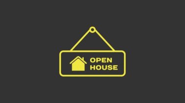 Sarı asma işareti ve gri arkaplanda açık ev simgesi var. Açık Ev 'in yazılı olduğu tabela. 4K Video hareketli grafik canlandırması