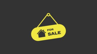 Gri arkaplanda satılık simgesi yazılı sarı asma işareti. Satılık mesajlı pano. 4K Video hareketli grafik canlandırması