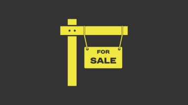 Gri arkaplanda satılık simgesi yazılı sarı asma işareti. Satılık mesajlı pano. 4K Video hareketli grafik canlandırması