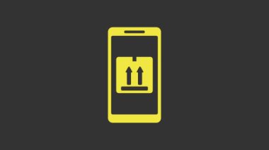 Gri arkaplanda uygulama dağıtım ikonu olan sarı mobil akıllı telefon. Paket takibi. 4K Video hareketli grafik canlandırması