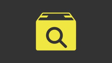 Sarı Arama paket simgesi gri arkaplanda izole edildi. Paket izleme sembolü. Büyüteç ve karton kutu. Lojistik ve teslimat. 4K Video hareketli grafik canlandırması