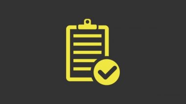 Dağıtım listesi panosunun sarı onayı ve kalem simgesi gri arkaplanda izole edildi. 4K Video hareketli grafik canlandırması