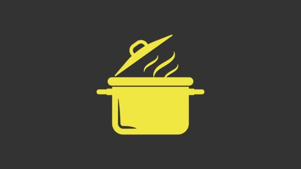 Желтый Кулинарный горшок значок изолирован на сером фоне. Вскипятить или тушить пищевой символ. Видеографическая анимация 4K — стоковое видео