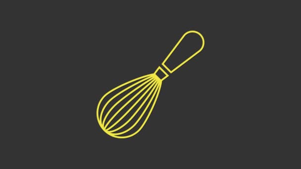 Yellow Kitchen whisk icon isolated on grey background. Cooking utensil, egg beater. Cutlery sign. Food mix symbol. 4K Video motion graphic animation — Stock Video