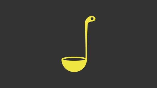 Icono de cuchara de cocina amarilla aislado sobre fondo gris. Utensil de cocina. Signo de cuchara de cubiertos. Animación gráfica de vídeo 4K — Vídeos de Stock
