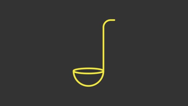 Žlutá ikona Kuchyně naběračky izolované na šedém pozadí. Nádobí na vaření. Nápis na příbory. Grafická animace pohybu videa 4K — Stock video
