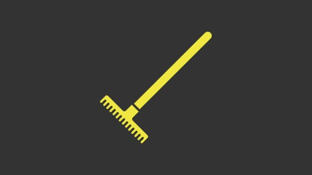 Yellow Garden rake icon isolated on grey background. Tool for horticulture, agriculture, farming. Ground cultivator. Housekeeping equipment. 4K Video motion graphic animation — Stock Video