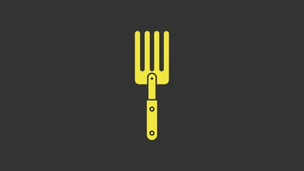 Yellow Garden fork icon isolated on grey background. Pitchfork icon. Tool for horticulture, agriculture, farming. 4K Video motion graphic animation — Stock Video