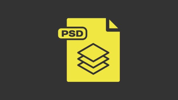 黄色のPSDファイル文書。灰色の背景に隔離されたpsdボタンアイコンをダウンロードします。PSDファイルのシンボル。4Kビデオモーショングラフィックアニメーション — ストック動画