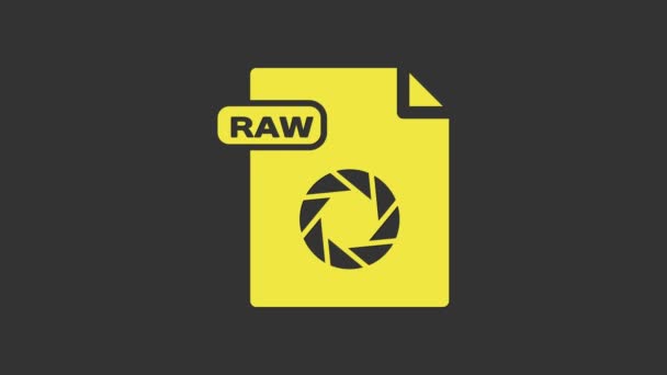 Documento de archivo RAW amarillo. Descargar icono de botón crudo aislado sobre fondo gris. Símbolo RAW. Animación gráfica de vídeo 4K — Vídeos de Stock