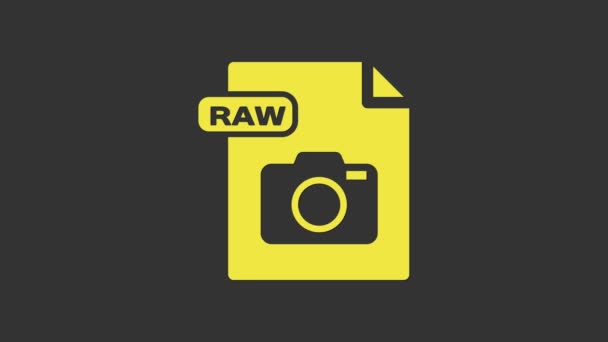 黄色のRAWファイル文書。グレーの背景にある生のボタンアイコンをダウンロードします。RAWファイルのシンボル。4Kビデオモーショングラフィックアニメーション — ストック動画