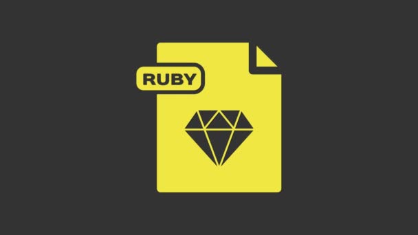 Κίτρινο έγγραφο αρχείου RUBY. Κατεβάστε το εικονίδιο του κουμπιού ρουμπίνι απομονωμένο σε γκρι φόντο. Σύμβολο αρχείου ρουμπίνι. 4K Γραφική κίνηση κίνησης βίντεο — Αρχείο Βίντεο