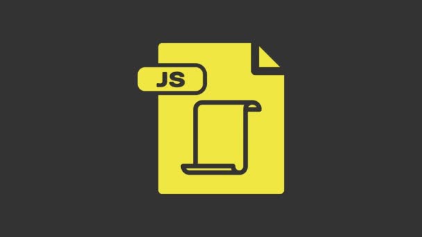 黄色のJSファイル文書。灰色の背景に隔離されたjsボタンアイコンをダウンロードします。JSファイルのシンボル。4Kビデオモーショングラフィックアニメーション — ストック動画