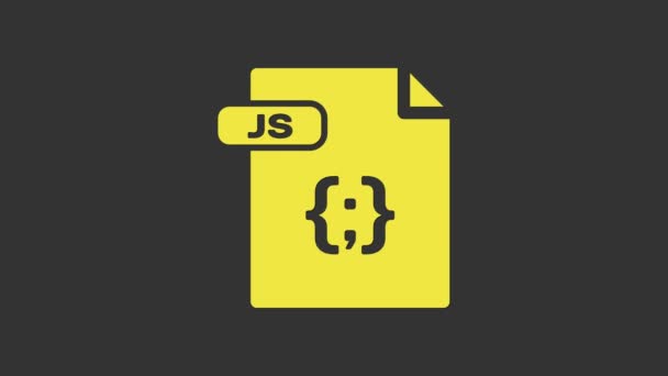 黄色のJSファイル文書。灰色の背景に隔離されたjsボタンアイコンをダウンロードします。JSファイルのシンボル。4Kビデオモーショングラフィックアニメーション — ストック動画