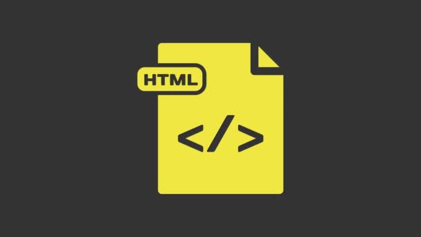 黄色のHTMLファイル文書。灰色の背景に隔離されたhtmlボタンアイコンをダウンロードします。HTMLファイルのシンボル。マークアップ言語のシンボル。4Kビデオモーショングラフィックアニメーション — ストック動画