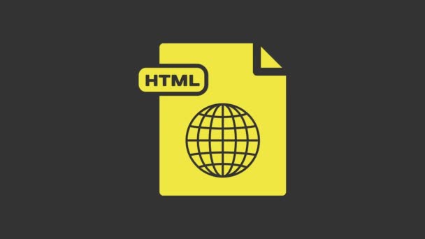 Желтый документ в формате HTML. Иконка кнопки HTML выделена на сером фоне. Символ HTML-файла. Знак языка разметки. Видеографическая анимация 4K — стоковое видео