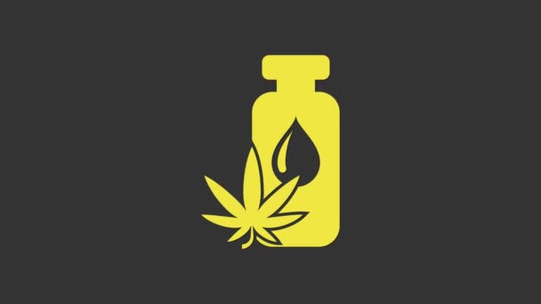 Amarillo Marihuana medicinal o aceite de oliva de hoja de cannabis icono de gota aislado sobre fondo gris. Extracto de cannabis. Un símbolo de cáñamo. Animación gráfica de vídeo 4K — Vídeos de Stock