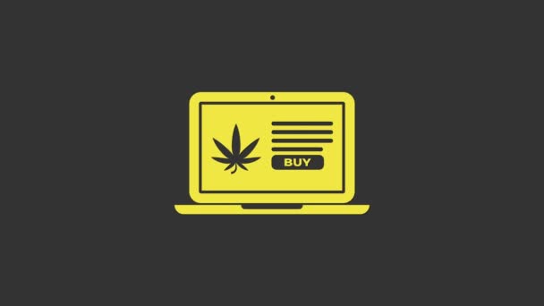 Laptop giallo e marijuana medica o icona di foglie di cannabis isolate su sfondo grigio. Simbolo di acquisto online. Cesto del supermercato. Animazione grafica 4K Video motion — Video Stock