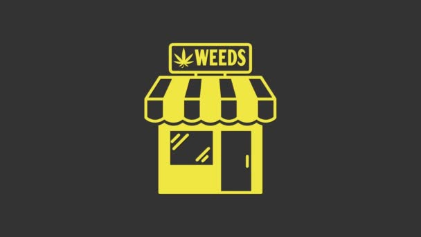 Icône jaune du magasin de marijuana et cannabis isolée sur fond gris. Équipement et accessoires pour fumer, stockage du cannabis médical. Animation graphique de mouvement vidéo 4K — Video