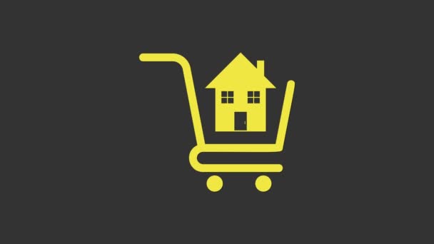 Gri arka planda ev ikonu olan sarı alışveriş arabası. Ev konsepti al. Ev kredisi konsepti, kira, mülk satın alma. 4K Video hareketli grafik canlandırması — Stok video