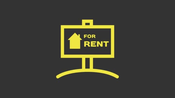 Yellow Hanging sign with text For Rent icon απομονώνονται σε γκρι φόντο. Πινακίδα με κείμενο προς ενοικίαση. 4K Γραφική κίνηση κίνησης βίντεο — Αρχείο Βίντεο
