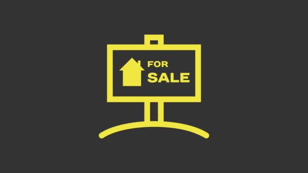Žlutá Závěsná značka s textem Na prodej ikona izolované na šedém pozadí. Nástěnka s textem Na prodej. Grafická animace pohybu videa 4K — Stock video