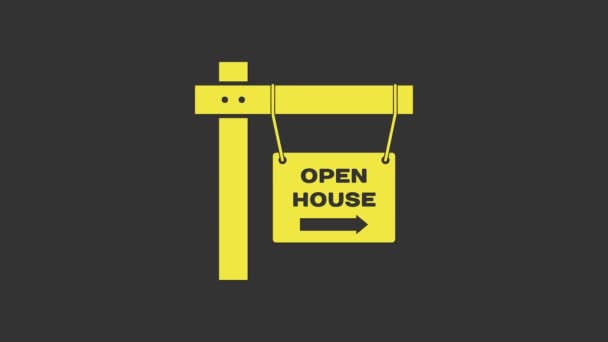 Tanda gantungan kuning dengan ikon teks Open house diisolasi pada latar belakang abu-abu. Papan penanda dengan teks Open House. Animasi grafis gerak Video 4K — Stok Video