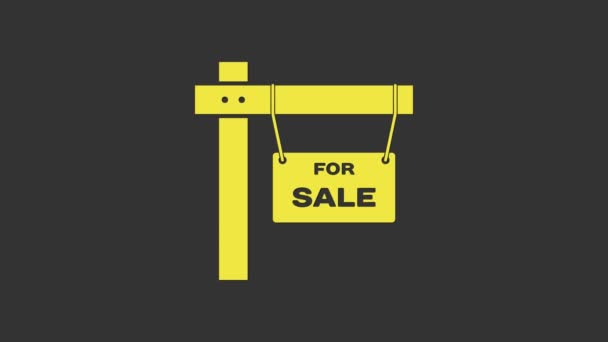 Gri arkaplanda satılık simgesi yazılı sarı asma işareti. Satılık mesajlı pano. 4K Video hareketli grafik canlandırması — Stok video