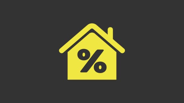 Жовтий будинок з заплутаним іконом знижки ізольований на сірому фоні. Процент на будинок. Будинок нерухомості. Символ відсотка кредитів. 4K Відеографічна анімація — стокове відео