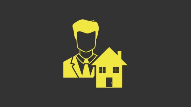 Žlutá ikona Realitní kanceláře izolovaná na šedém pozadí. Kupuje dům. Grafická animace pohybu videa 4K — Stock video