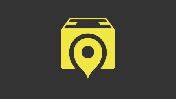 Żółta lokalizacja z kartonową ikoną pudełka na szarym tle. Usługi dostawy, logistyka i transport, relokacja, dystrybucja. 4K Animacja graficzna ruchu wideo — Wideo stockowe