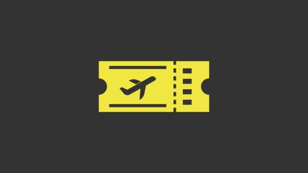 黄色の航空券アイコン灰色の背景に隔離された。飛行機の切符。4Kビデオモーショングラフィックアニメーション — ストック動画