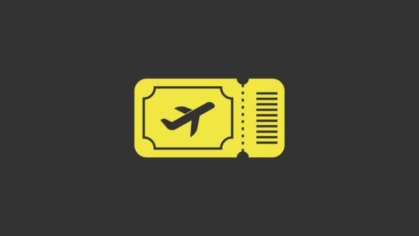 Ikona žlutých letenek izolovaná na šedém pozadí. Letenka. Grafická animace pohybu videa 4K — Stock video