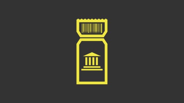 Gelbes Museumsticket-Symbol isoliert auf grauem Hintergrund. Eintrittskarten für das Historische Museum ermöglichen eine Exkursion in die Ausstellung. 4K Video Motion Grafik Animation — Stockvideo
