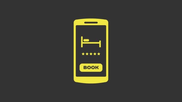 Amarillo Icono de reserva de hotel en línea aislado sobre fondo gris. Concepto de diseño de reserva en línea para teléfono móvil. Animación gráfica de vídeo 4K — Vídeo de stock