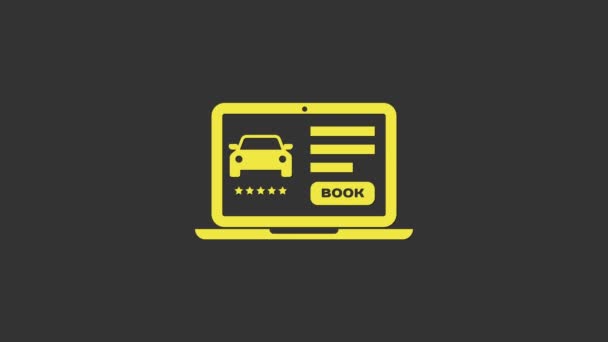 Žlutá ikona sdílení aut online izolovaná na šedém pozadí. Online půjčovna aut. Online koncepce rezervačního designu pro notebook. Grafická animace pohybu videa 4K — Stock video