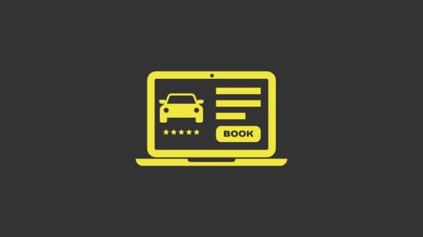 Geel Online auto delen pictogram geïsoleerd op grijze achtergrond. Online huurauto service. Online booking design concept voor laptop. 4K Video motion grafische animatie — Stockvideo