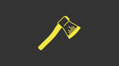 Sarı tahta balta simgesi gri arkaplanda izole edildi. Oduncu baltası. 4K Video hareketli grafik canlandırması