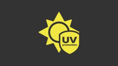 Sarı UV koruma simgesi gri arkaplanda izole edildi. Güneş ve kalkan. Ultra menekşe ışınları radyasyon. SPF güneş işareti. 4K Video hareketli grafik canlandırması
